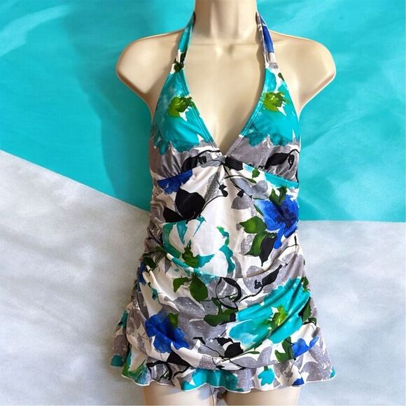 Simply Swim Blue White Slimming Floral Ruched Halter One Piece Swim Dress - Picture 1 of 8